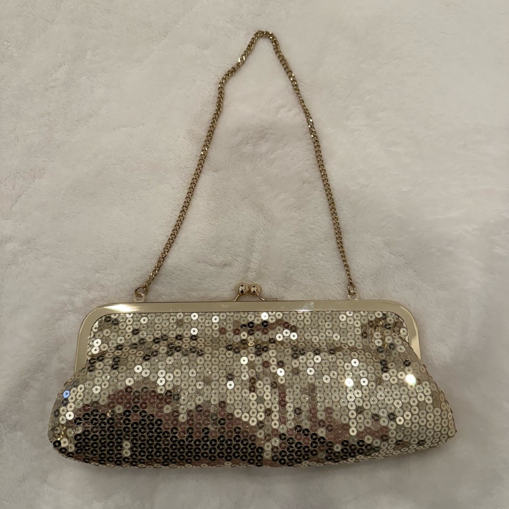 LOFT Gold Sequin Kisslock Clutch with Chain